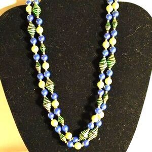 Vintage Blue/Green/Gold Beaded Single Strand 36 inch Long Box Latch Necklace